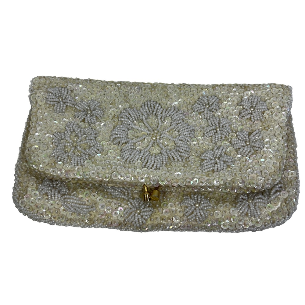 Vintage Maxime Original Beaded Sequin Clutch Bag White Floral Kentucky Derby
